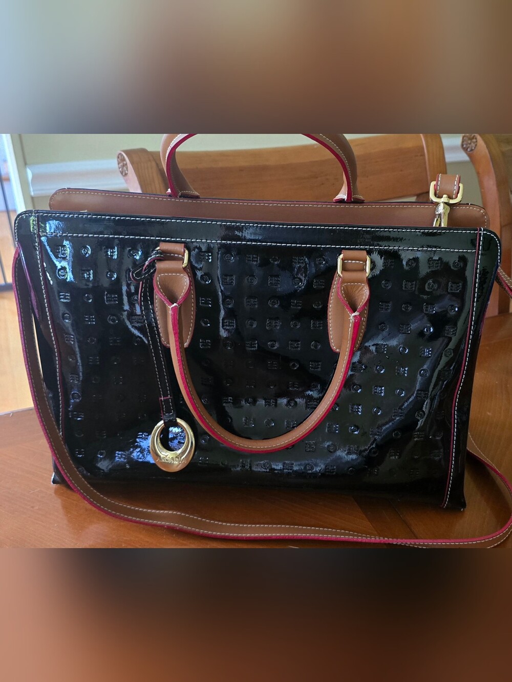 Leather - Italian Patent Tote Bag w/Tan Red Accents, Double Strap, Structured - Picture 2 of 12